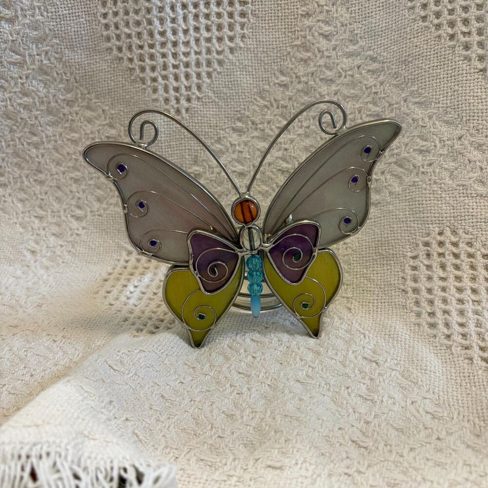 Butterfly Stained Glass Silver Wire Candle Tealight Holder